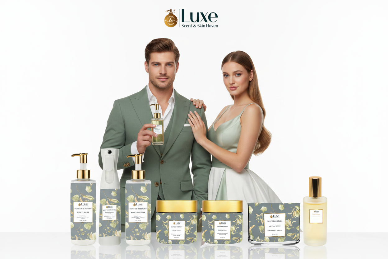 Vetiver Blossom — 7-Piece Lineup, Caucasian Male & Female Couple Sage Green